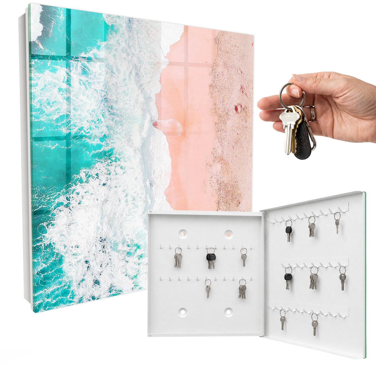 WallMuralia - Sleutelkast - 30x30x5 cm - met 50 haken - Oceaan En Strand Sleutelkastje Muur - Turkoois Sleutelbox - Rechtsopenend - Wit interieur