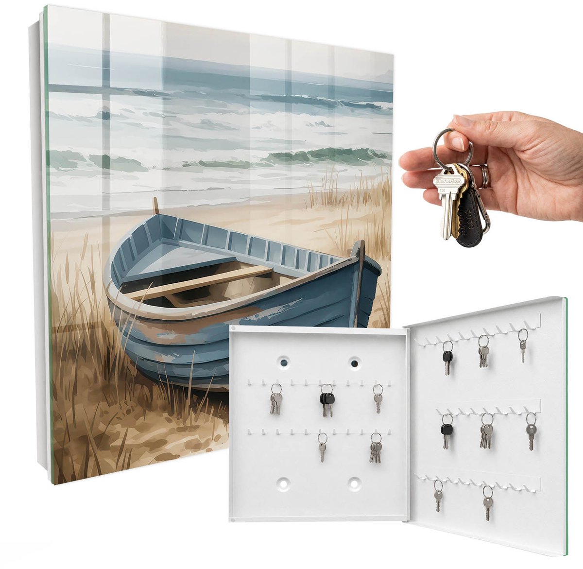 WallMuralia - Sleutelkast - 30x30x5 cm - met 50 haken - Strandboot Sleutelkastje Modern - Blauw Sleutelbox - Rechtsopenend - Wit interieur