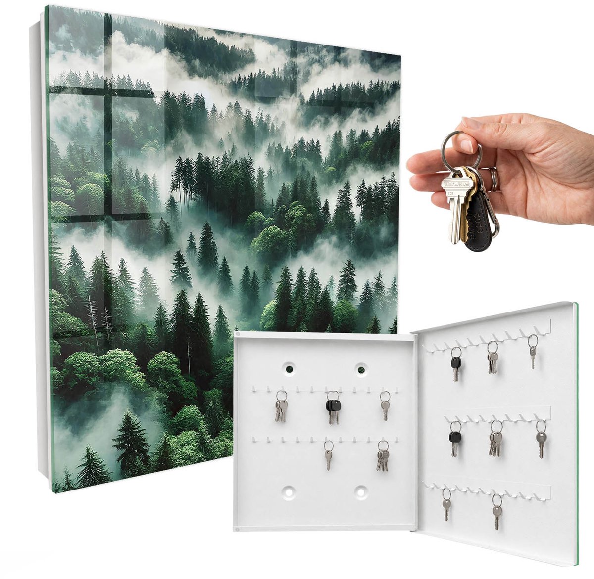 WallMuralia - Sleutelkast - 30x30x5 cm - met 50 haken - Nevelbos Sleutelkastje Klein - Groente Sleutelbox - Rechtsopenend - Wit interieur