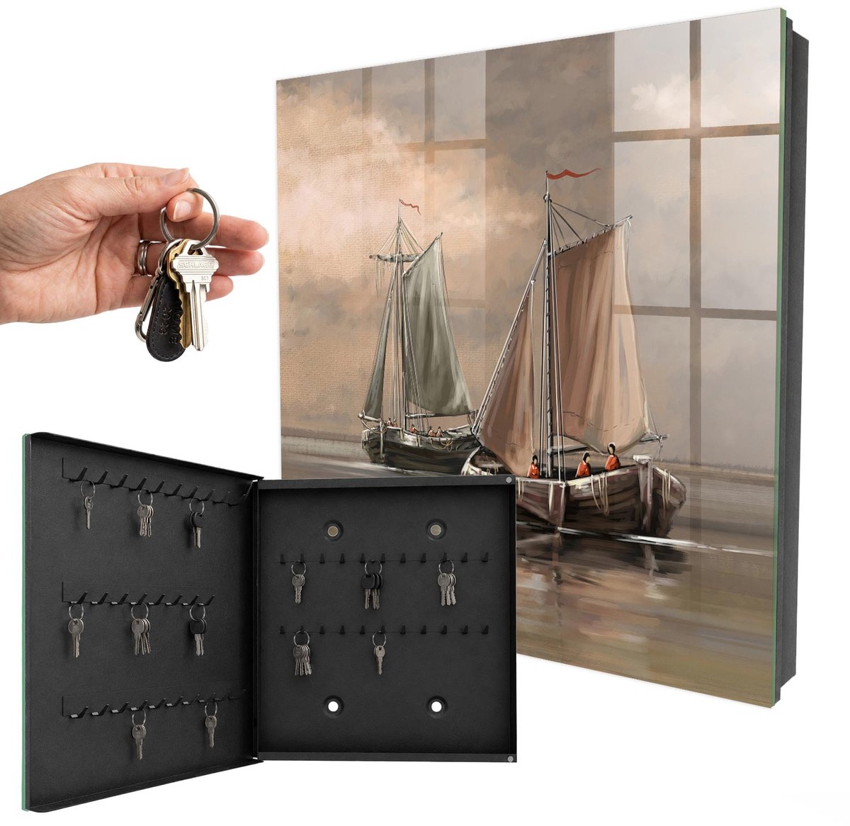 WallMuralia - Sleutelkast - 30x30x5 cm - met 50 haken - Zeezeilschepen Sleutelkastje Muur - Beige Sleutelbox - Linksopenend - Zwart interieur