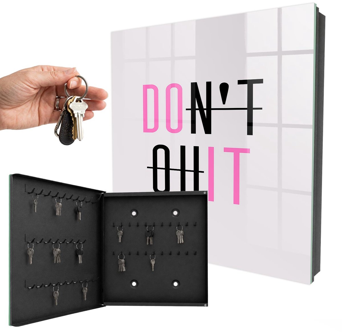 WallMuralia - Sleutelkast - 30x30x5 cm - met 50 haken - Motiverende Typografie Sleutelkastje Hal - Zwart Sleutelbox - Linksopenend - Zwart interieur