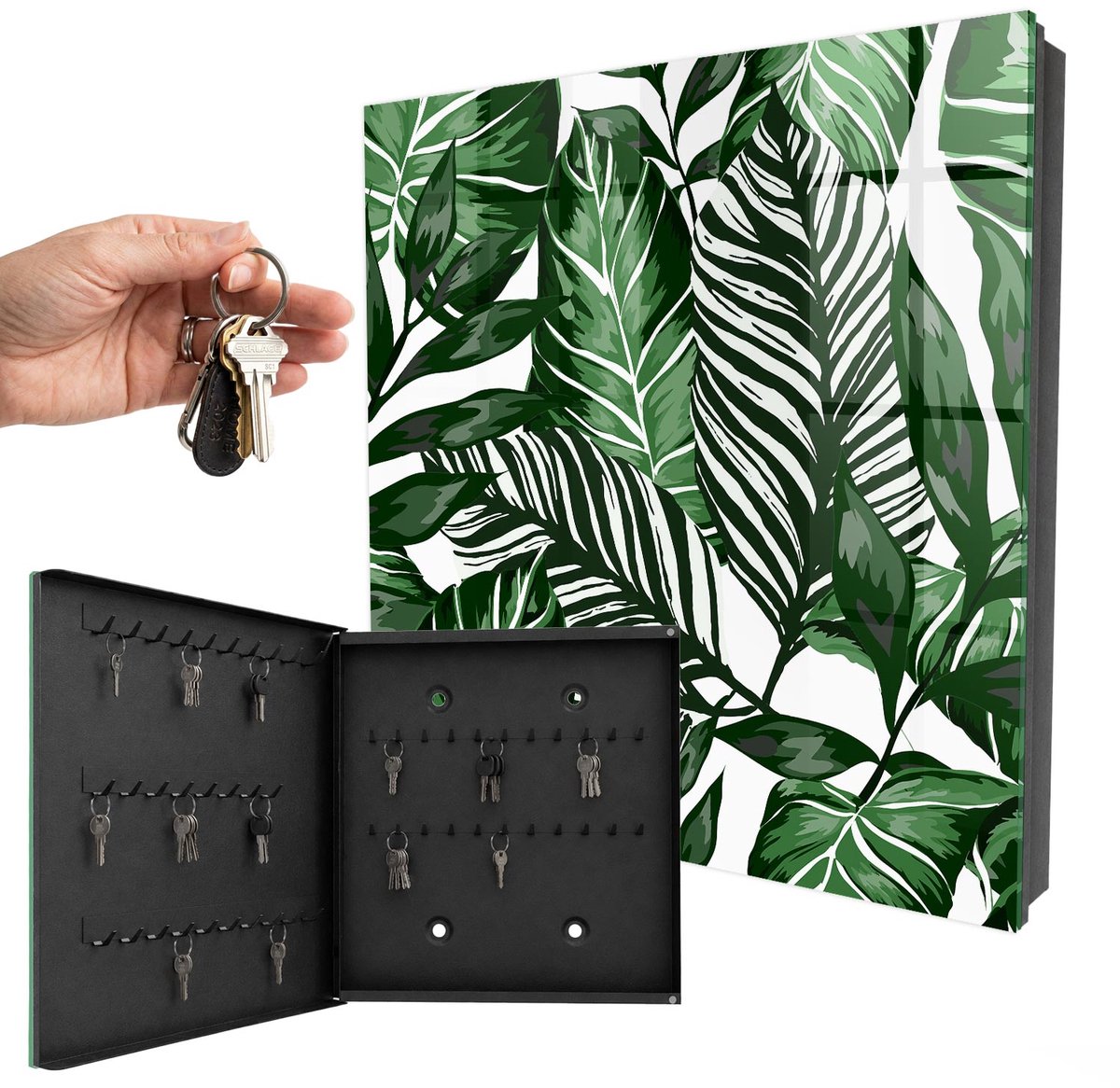 WallMuralia - Sleutelkast - 30x30x5 cm - met 50 haken - Plantenpatronen Sleutelkastje Hal - Groente Sleutelbox - Linksopenend - Zwart interieur
