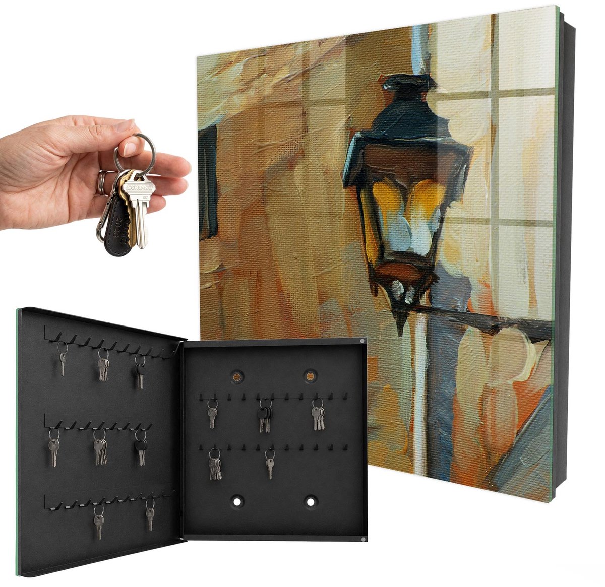 WallMuralia - Sleutelkast - 30x30x5 cm - met 50 haken - Retro Lamp Sleutelkastje Gang - Beige Sleutelbox - Linksopenend - Zwart interieur