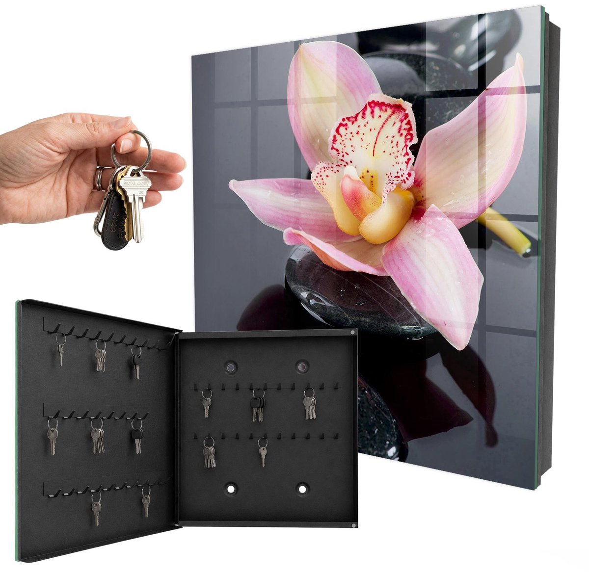 WallMuralia - Sleutelkast - 30x30x5 cm - met 50 haken - Orchideeënstenen Sleutelkastje Gang - Zwart Sleutelbox - Linksopenend - Zwart interieur