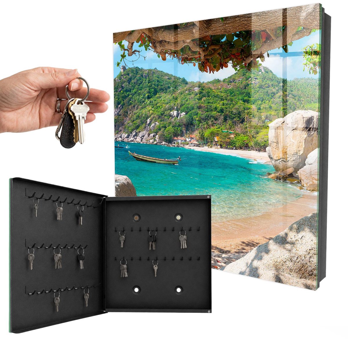 WallMuralia - Sleutelkast - 30x30x5 cm - met 50 haken - Een Paradijselijk Uitzicht Groot Sleutelkastje - Turkoois Sleutelbox - Linksopenend - Zwart interieur