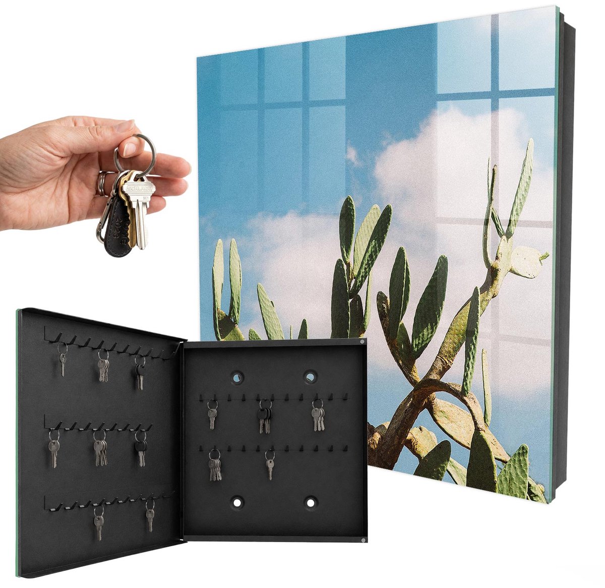 WallMuralia - Sleutelkast - 30x30x5 cm - met 50 haken - Groene Cactus Sleutelkastje Voor Binnen - Groente Sleutelbox - Linksopenend - Zwart interieur