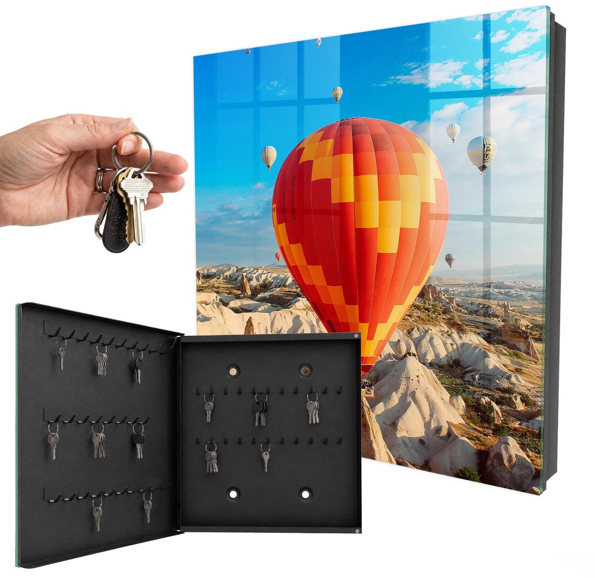 WallMuralia - Sleutelkast - 30x30x5 cm - met 50 haken - Sky Adventure Groot Sleutelkastje - Blauw Sleutelbox - Linksopenend - Zwart interieur