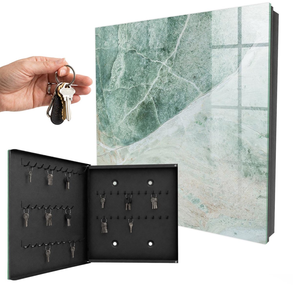 WallMuralia - Sleutelkast - 30x30x5 cm - met 50 haken - Marmeren Elegantie Sleutelkastje Voor Binnen - Groente Sleutelbox - Linksopenend - Zwart interieur