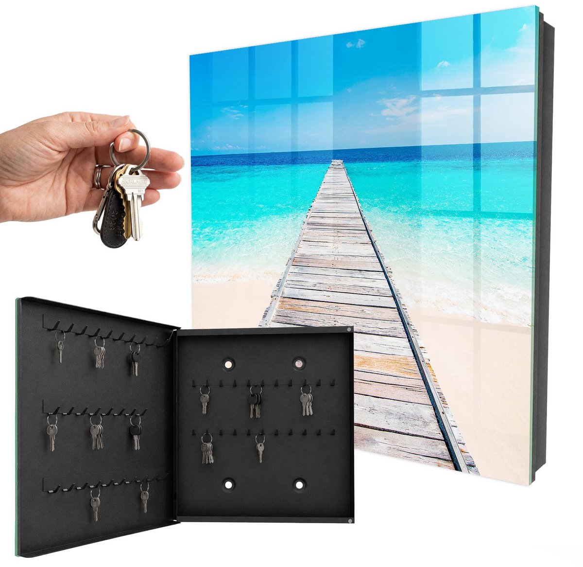 WallMuralia - Sleutelkast - 30x30x5 cm - met 50 haken - Zeehaven Sleutelkastje Voor Binnen - Turkoois Sleutelbox - Linksopenend - Zwart interieur