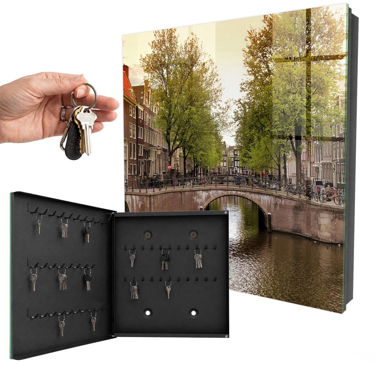 WallMuralia - Sleutelkast - 30x30x5 cm - met 50 haken - Stadskanaal Sleutelkastje Landelijk - Groente Sleutelbox - Linksopenend - Zwart interieur
