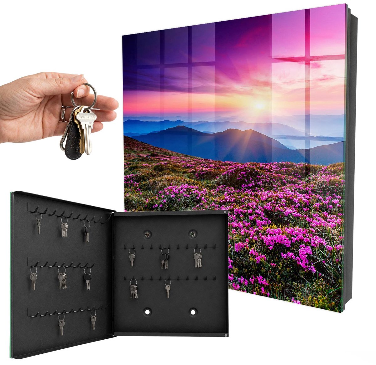 WallMuralia - Sleutelkast - 30x30x5 cm - met 50 haken - Bergochtend Sleutelkastje Muur - Roze Sleutelbox - Linksopenend - Zwart interieur