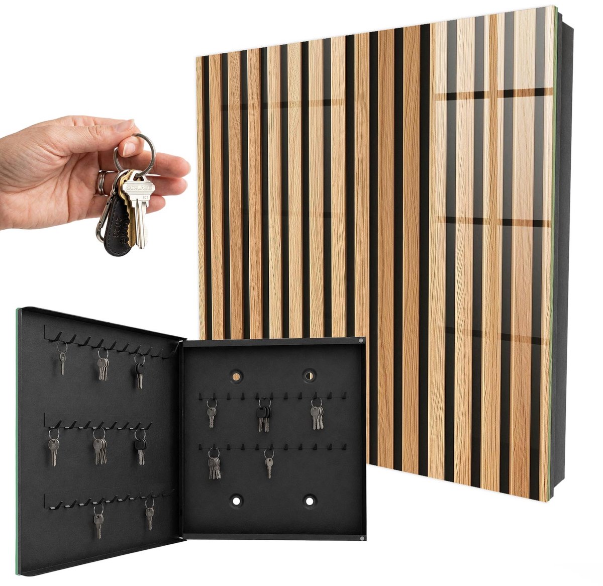 WallMuralia - Sleutelkast - 30x30x5 cm - met 50 haken - Verticale Strepen Sleutelkastje Klein - Bruin Sleutelbox - Linksopenend - Zwart interieur