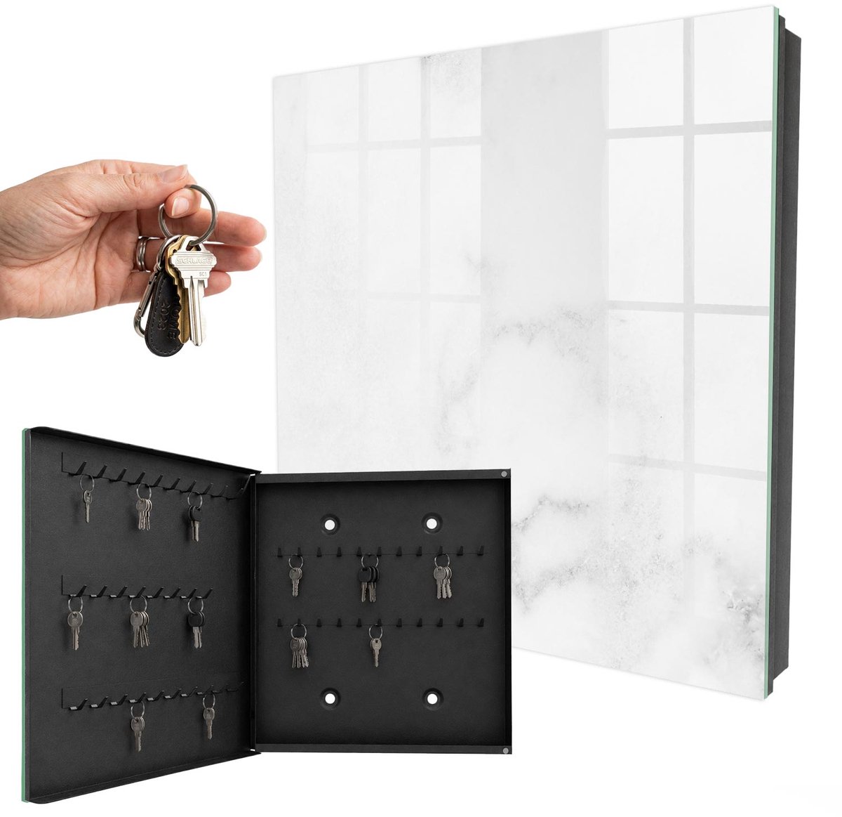 WallMuralia - Sleutelkast - 30x30x5 cm - met 50 haken - Marmeren Elegantie Sleutelkastje Hal - Wit Sleutelbox - Linksopenend - Zwart interieur