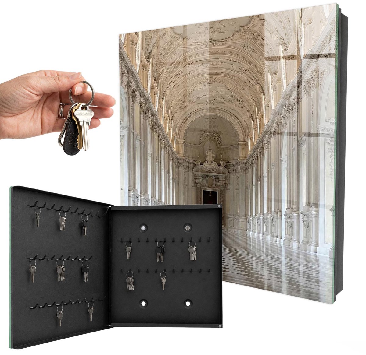 WallMuralia - Sleutelkast - 30x30x5 cm - met 50 haken - Klassieke Architectuur Sleutelkastje Voor Binnen - Beige Sleutelbox - Linksopenend - Zwart interieur