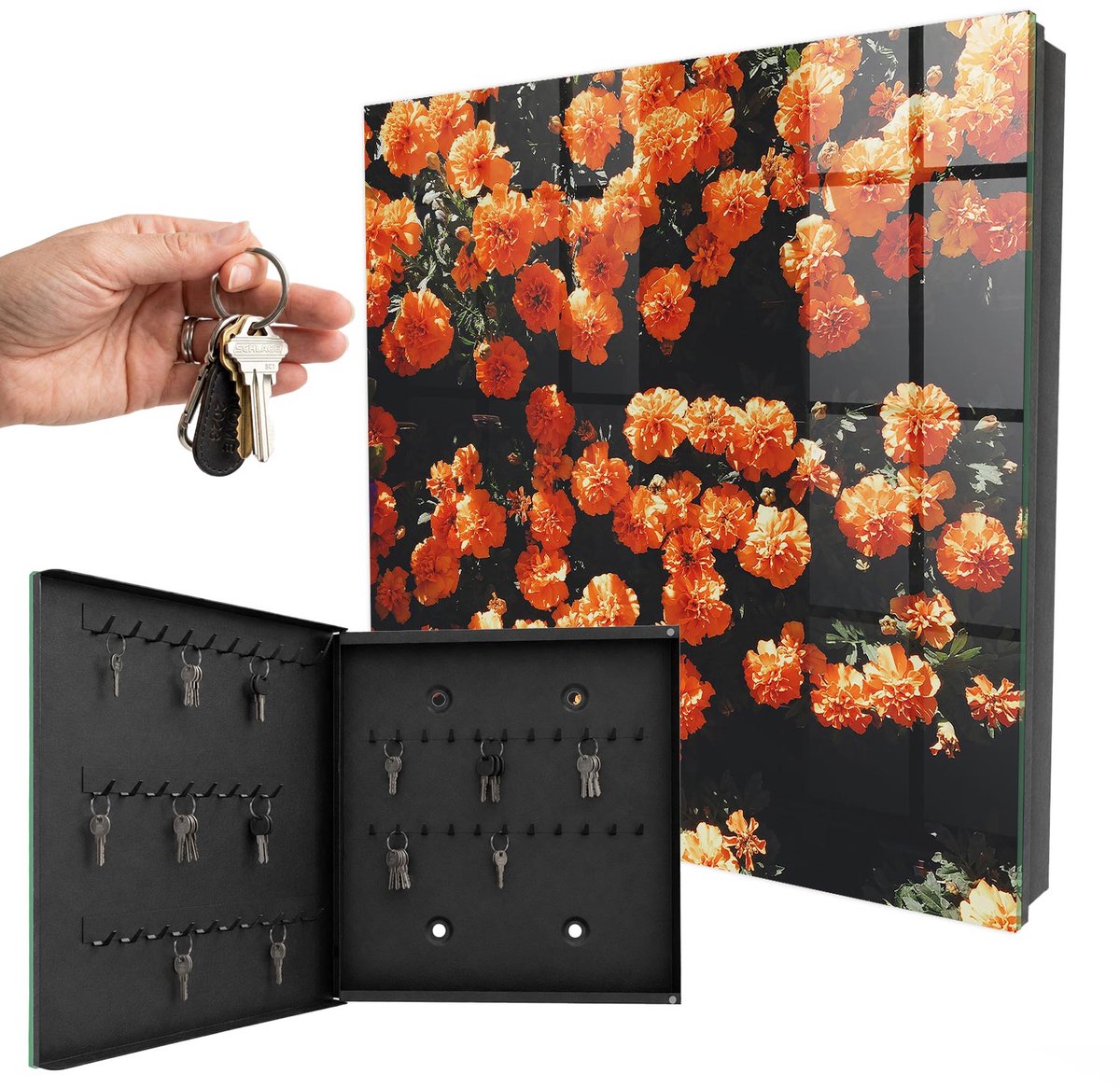 WallMuralia - Sleutelkast - 30x30x5 cm - met 50 haken - Bloeiende Overvloed Sleutelkastje Landelijk - Oranje Sleutelbox - Linksopenend - Zwart interieur