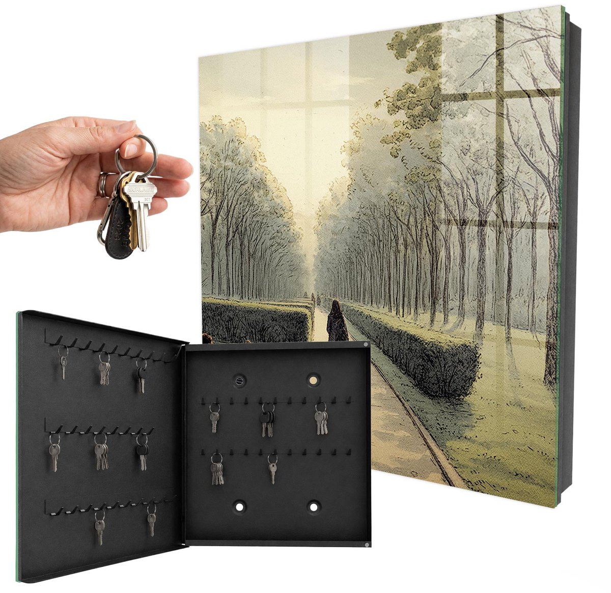 WallMuralia - Sleutelkast - 30x30x5 cm - met 50 haken - Een Wandeling In Het Park Sleutelkastje Landelijk - Groente Sleutelbox - Linksopenend - Zwart interieur