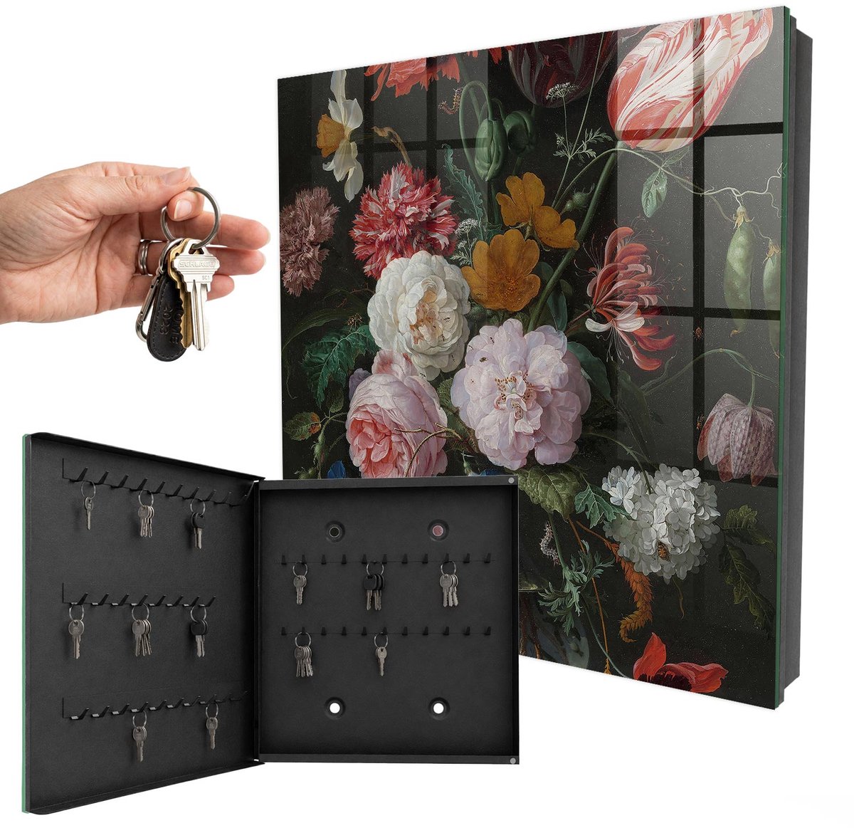WallMuralia - Sleutelkast - 30x30x5 cm - met 50 haken - Een Boeket Bloemen Groot Sleutelkastje - Groente Sleutelbox - Linksopenend - Zwart interieur