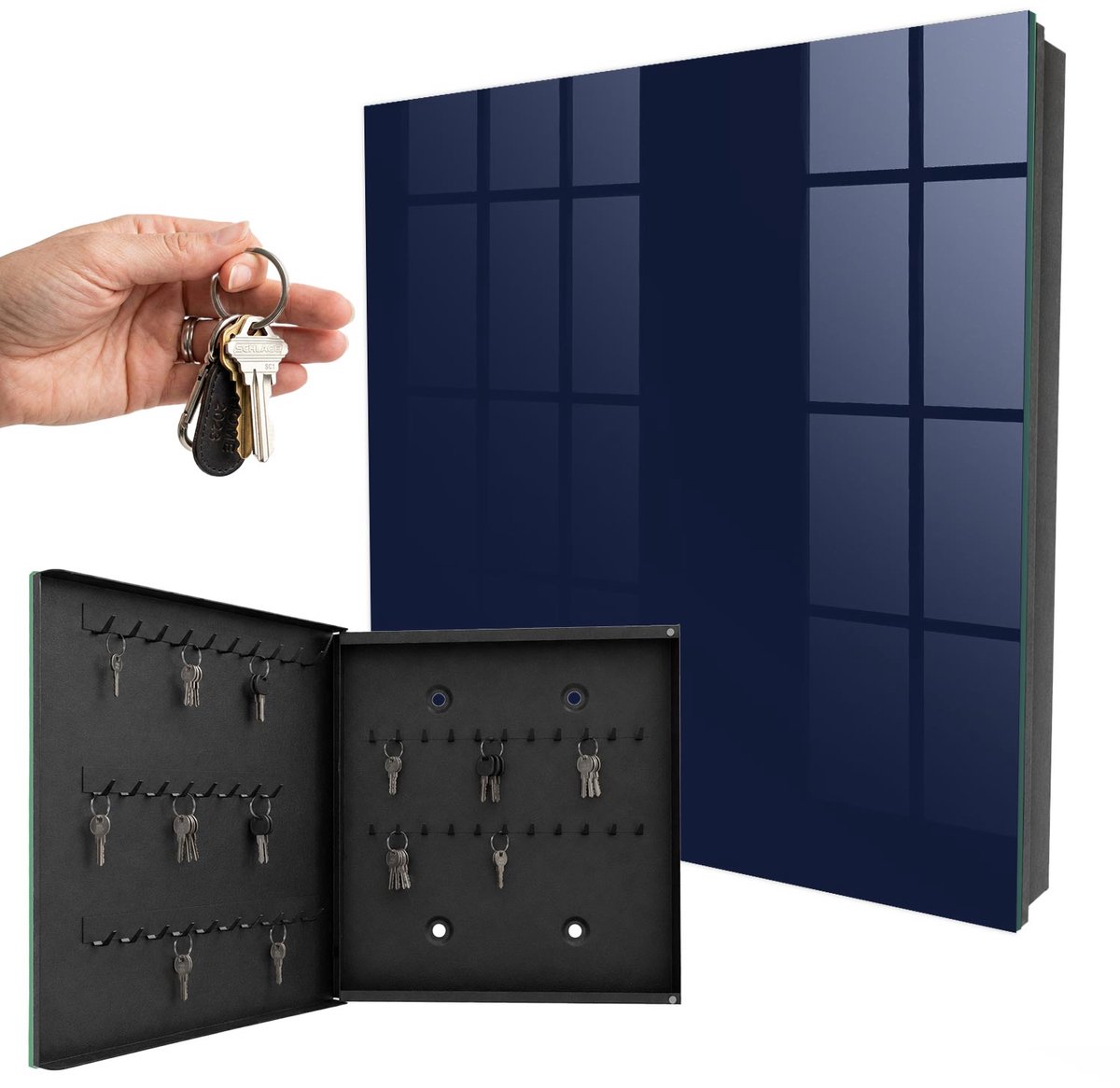 WallMuralia - Sleutelkast - 30x30x5 cm - met 50 haken - Donker Marineblauw Sleutelkastje Huis - Marine Sleutelbox - Linksopenend - Zwart interieur