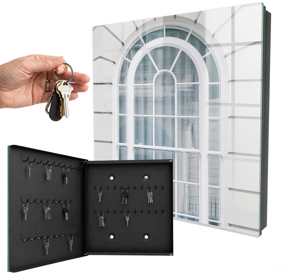 WallMuralia - Sleutelkast - 30x30x5 cm - met 50 haken - Klassieke Elegantie Groot Sleutelkastje - Wit Sleutelbox - Linksopenend - Zwart interieur