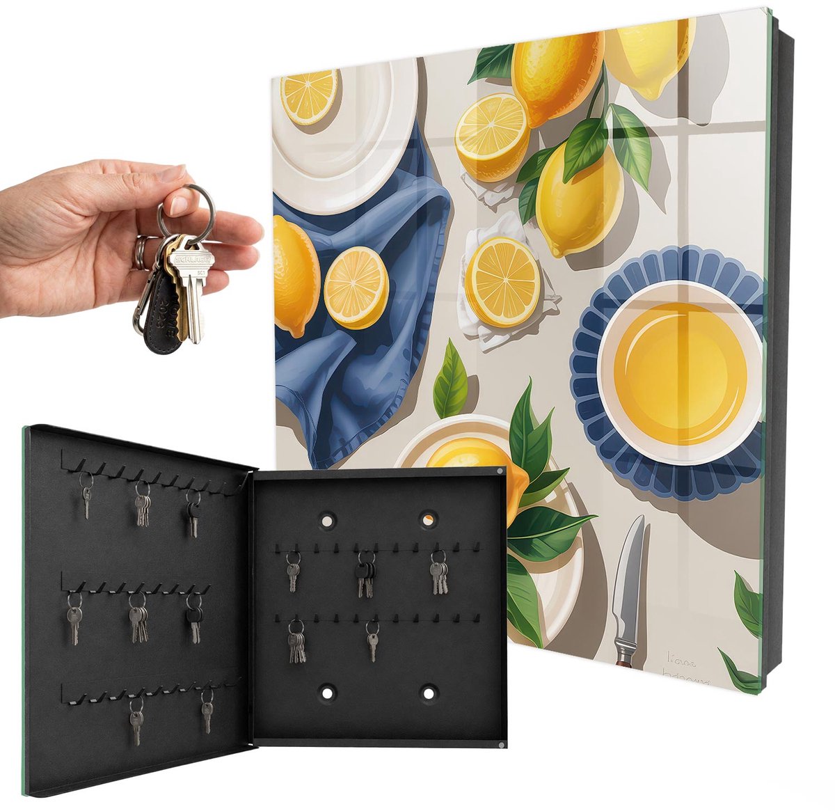 WallMuralia - Sleutelkast - 30x30x5 cm - met 50 haken - Citroentafel Sleutelkastje Muur - Geel Sleutelbox - Linksopenend - Zwart interieur