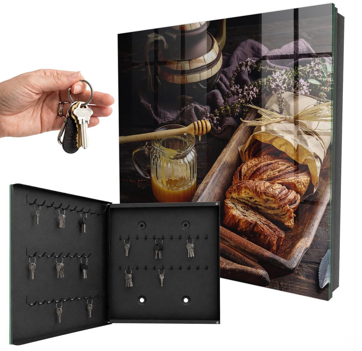 WallMuralia - Sleutelkast - 30x30x5 cm - met 50 haken - Huiselijke Warmte Sleutelkastje Design - Bruin Sleutelbox - Linksopenend - Zwart interieur