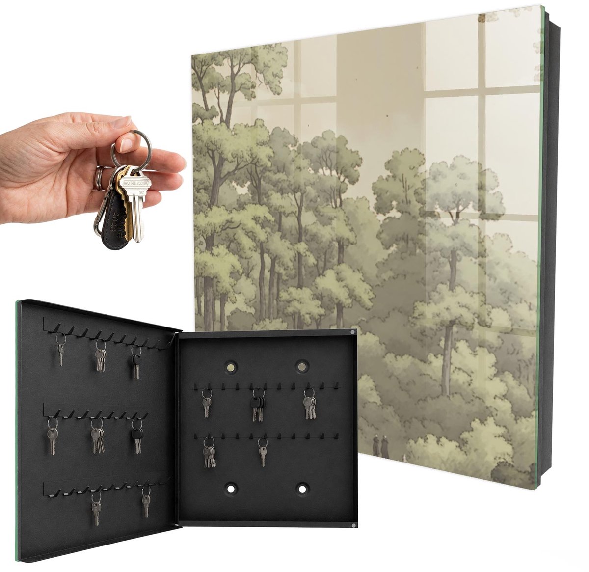 WallMuralia - Sleutelkast - 30x30x5 cm - met 50 haken - Groen Bos Sleutelkastje Gang - Groente Sleutelbox - Linksopenend - Zwart interieur