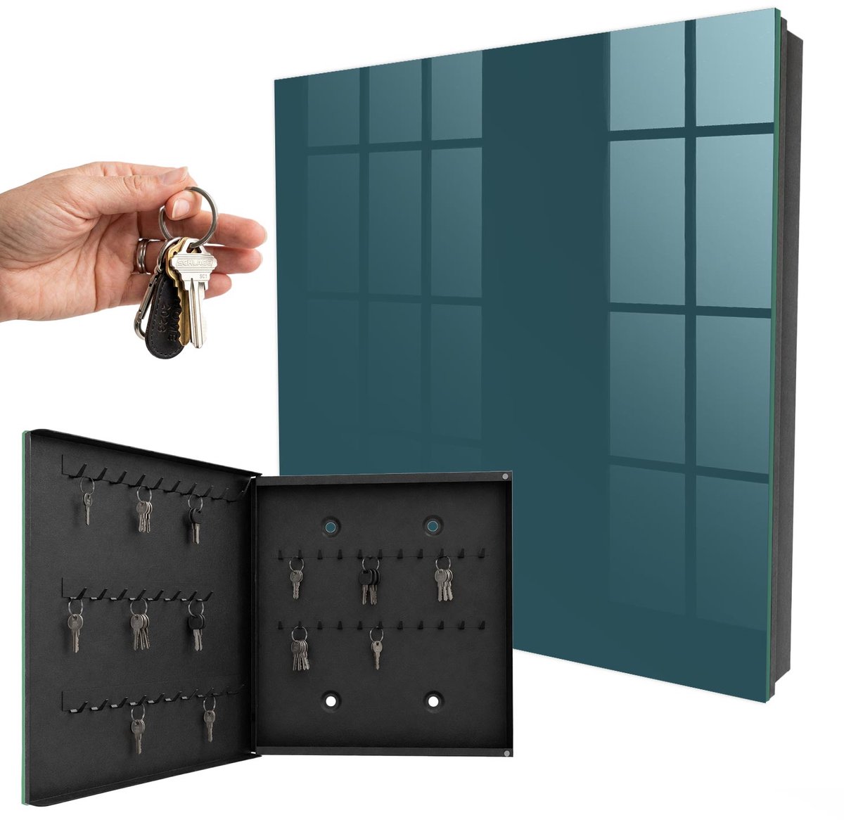 WallMuralia - Sleutelkast - 30x30x5 cm - met 50 haken - Donker Turkoois Sleutelkastje Huis - Turkoois Sleutelbox - Linksopenend - Zwart interieur