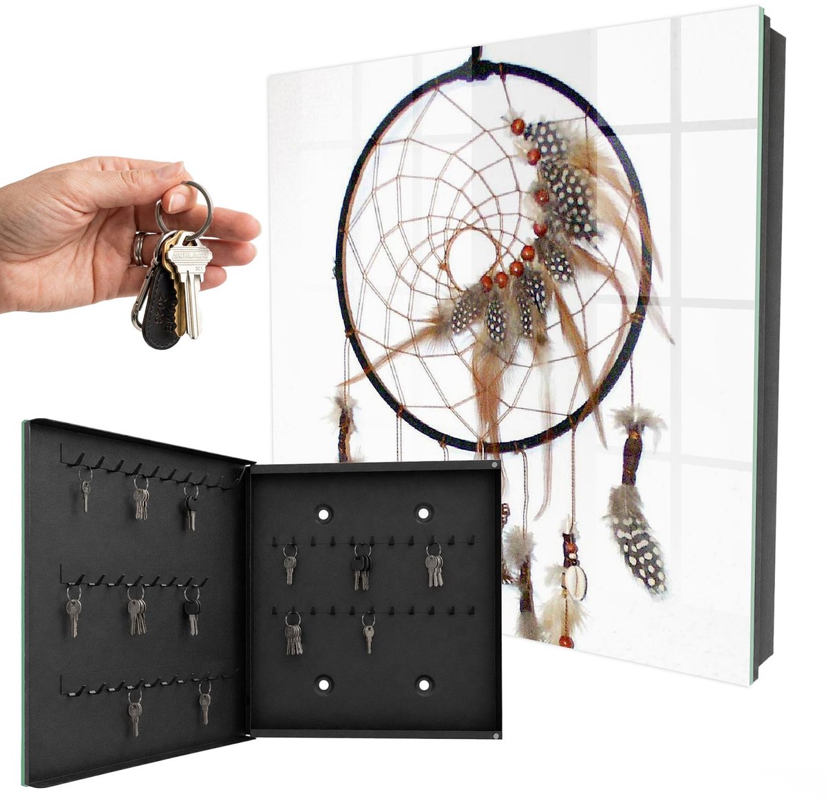 WallMuralia - Sleutelkast - 30x30x5 cm - met 50 haken - Oude Talisman Design Sleutelkastje - Bruin Sleutelbox - Linksopenend - Zwart interieur