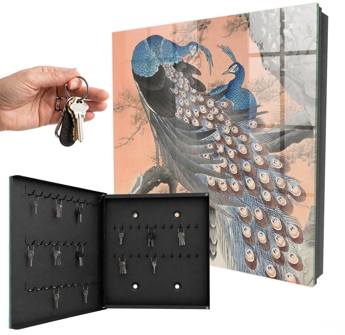 WallMuralia - Sleutelkast - 30x30x5 cm - met 50 haken - Pauw Schoonheid Sleutelkastje - Blauw Sleutelbox - Linksopenend - Zwart interieur
