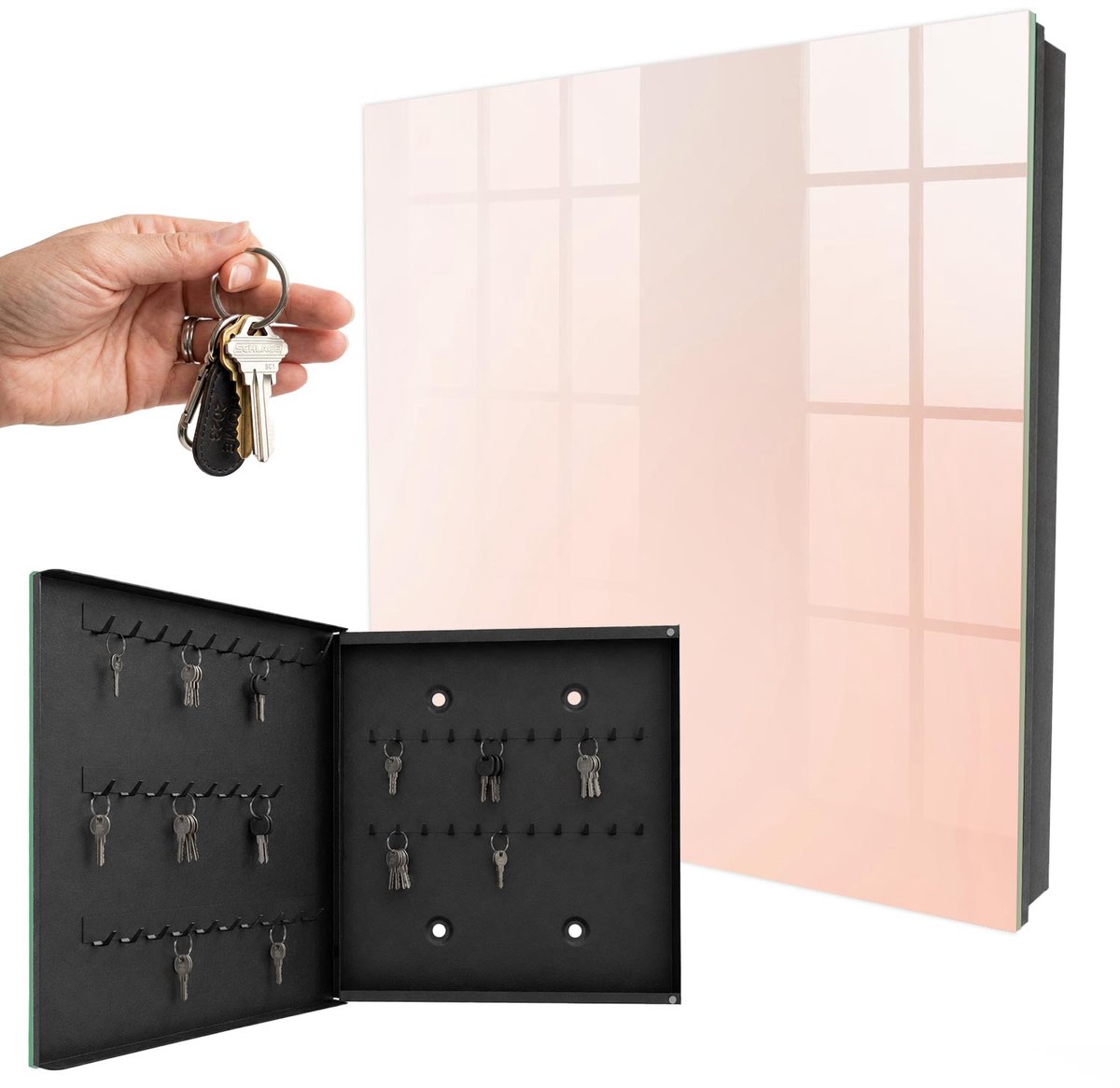 WallMuralia - Sleutelkast - 30x30x5 cm - met 50 haken - Pastel Minimalisme Groot Sleutelkastje - Romig Sleutelbox - Linksopenend - Zwart interieur