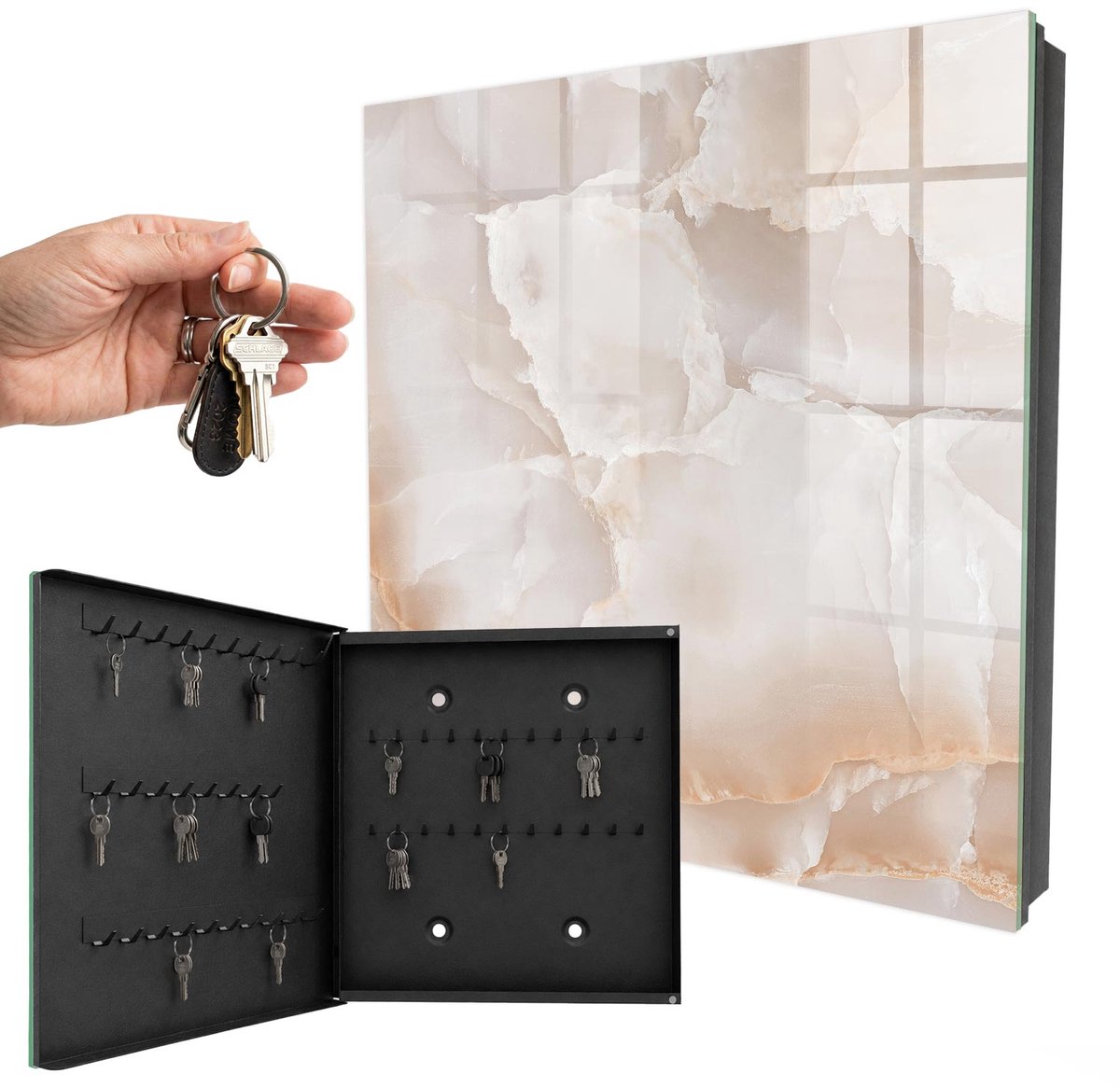 WallMuralia - Sleutelkast - 30x30x5 cm - met 50 haken - Een Subtiele Steen Sleutelkastje Muur - Beige Sleutelbox - Linksopenend - Zwart interieur