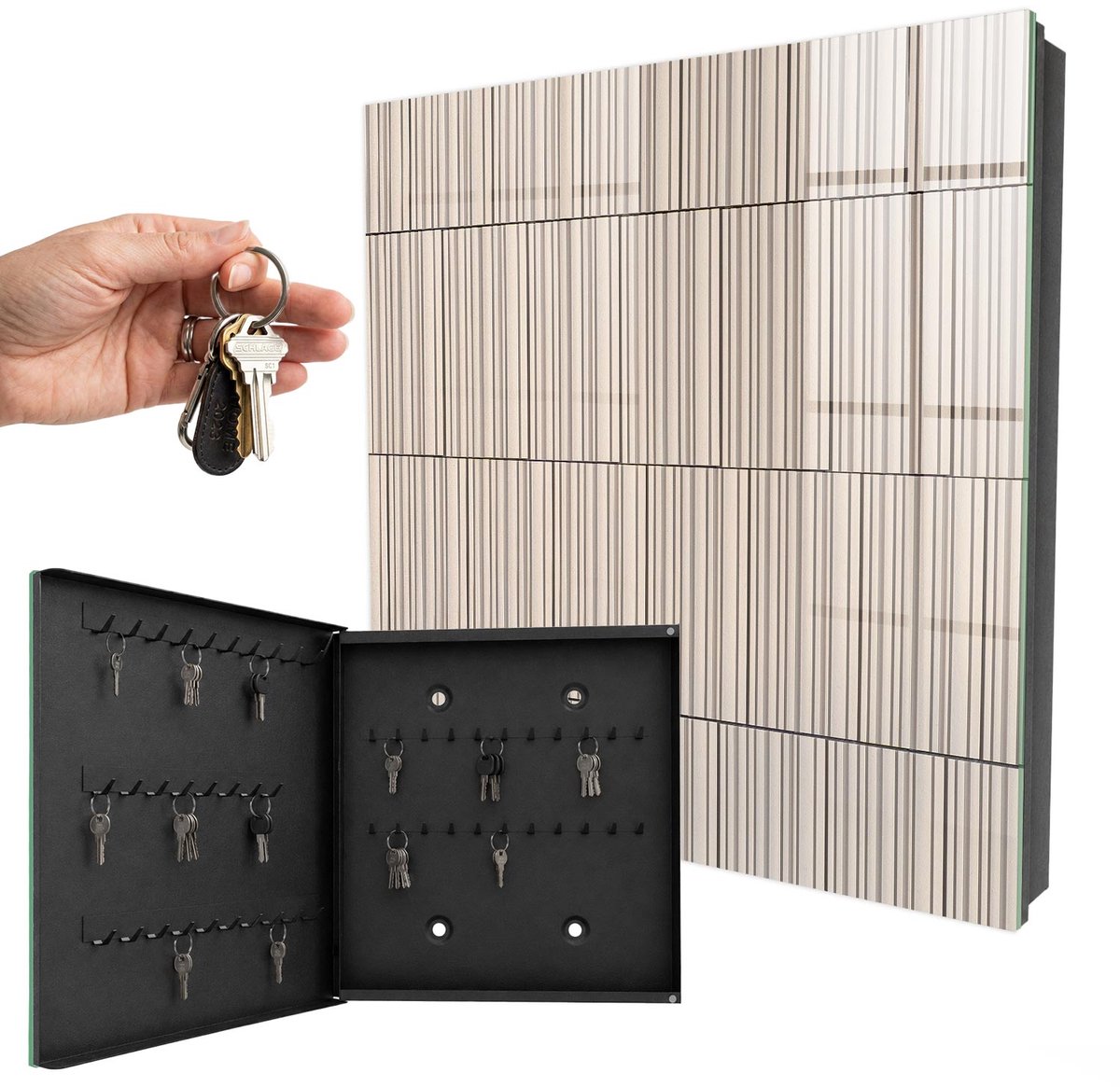 WallMuralia - Sleutelkast - 30x30x5 cm - met 50 haken - Minimalisme Van Lijnen Sleutelkastje - Beige Sleutelbox - Linksopenend - Zwart interieur