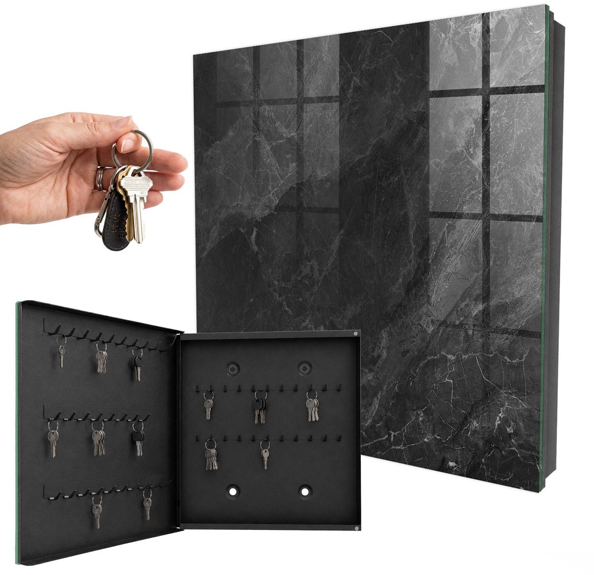 WallMuralia - Sleutelkast - 30x30x5 cm - met 50 haken - Grijze Steen Sleutelkastje Modern - Zwart Sleutelbox - Linksopenend - Zwart interieur