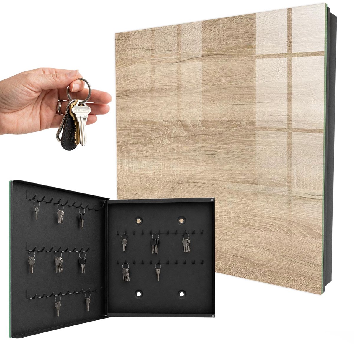 WallMuralia - Sleutelkast - 30x30x5 cm - met 50 haken - Houtstructuur Design Sleutelkastje - Beige Sleutelbox - Linksopenend - Zwart interieur