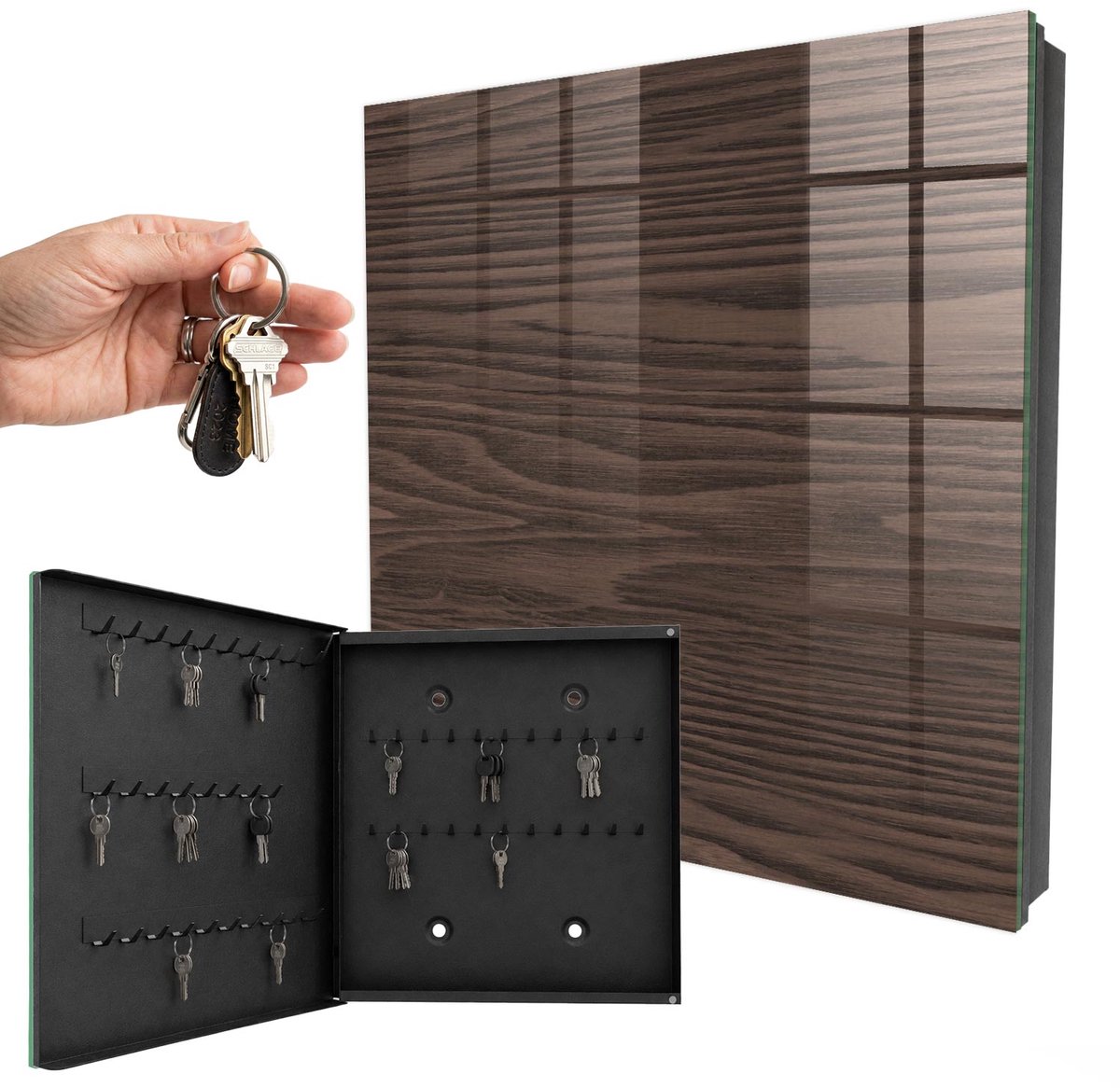 WallMuralia - Sleutelkast - 30x30x5 cm - met 50 haken - Houten Constructie Sleutelkastje Industrieel - Bruin Sleutelbox - Linksopenend - Zwart interieur