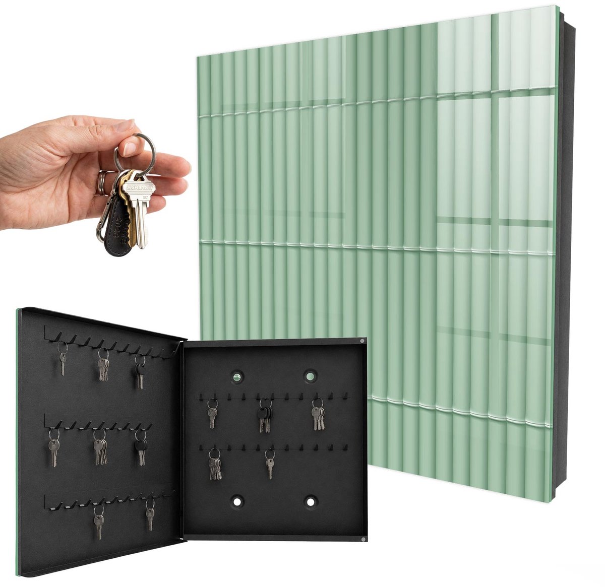 WallMuralia - Sleutelkast - 30x30x5 cm - met 50 haken - Groene Strepen Leuk Sleutelkastje - Groente Sleutelbox - Linksopenend - Zwart interieur