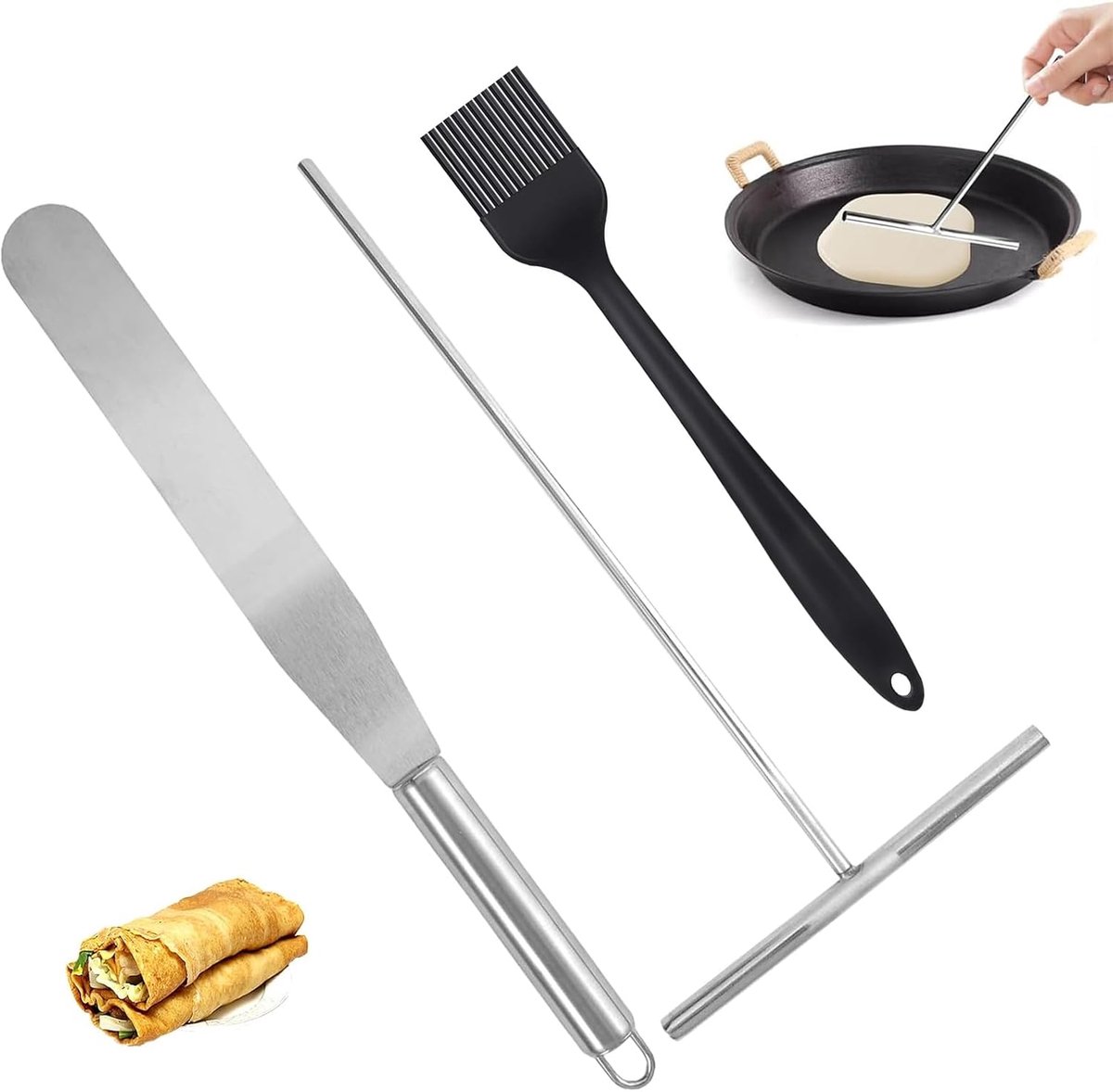 Crêpes Maakset 3-delig – Complete Set met Crêpes Spreider, RVS Pannenkoekspatel en Oliekwast voor Thuiskeuken