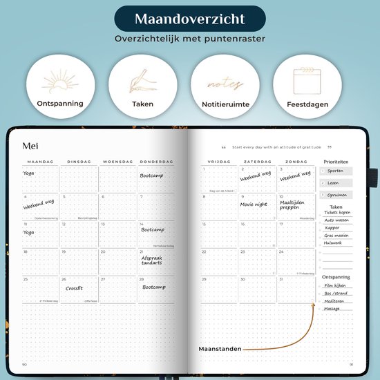 Open agenda met maandoverzicht voor mei, met dagelijkse planning en prioriteiten.