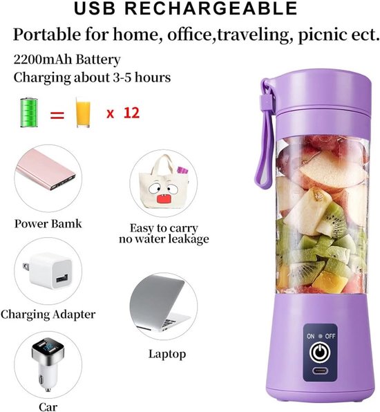 Smoothie Maker, elektrische USB-sapcentrifuge, draagbare mini-mixer voor shakes en smoothies, sap, 380 ml, zes mesjes ideaal voor het mengen (licht paars) — afbeelding 4