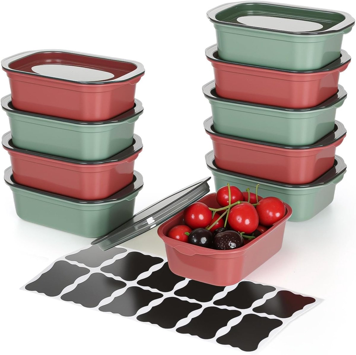 Luchtdichte voedselcontainers, 10 kunststof dozen met deksel, broodtrommel met deksel, Sans BPA, magnetron- en vaatwasmachinebestendig, 200 ml (5 groen, 5 rood)