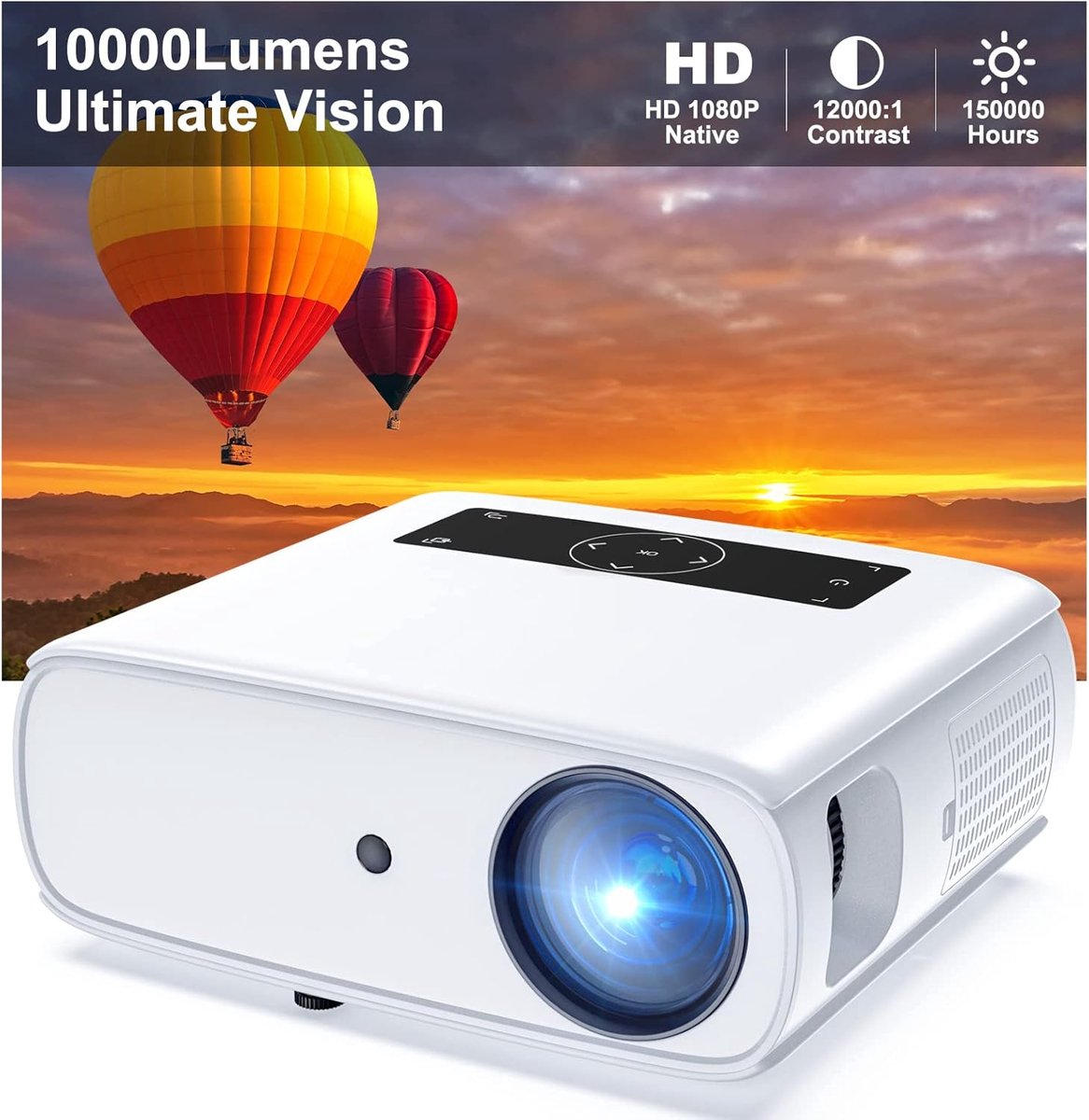 1080p Full HD beamer, 10.000L thuisbioscoop, videobeamer met 150.000 uur, ondersteunt 4K 350'' display multimedia beamer voor smartphone/pc/laptop/PS4/tv-stick/EXCEL/PPT