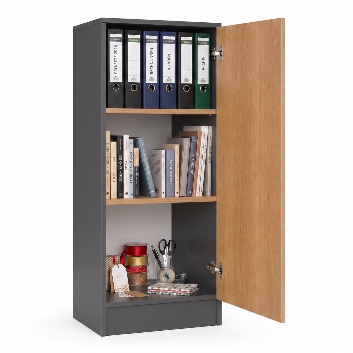 VCM Mehrzweckschrank mit 1 Drehtür, H. 114 x B. 52 x T. 32 cm, Wohnzimmerschrank, Büroschrank und Aufbewahrungsschrank mit 3 Fächer - Dilos