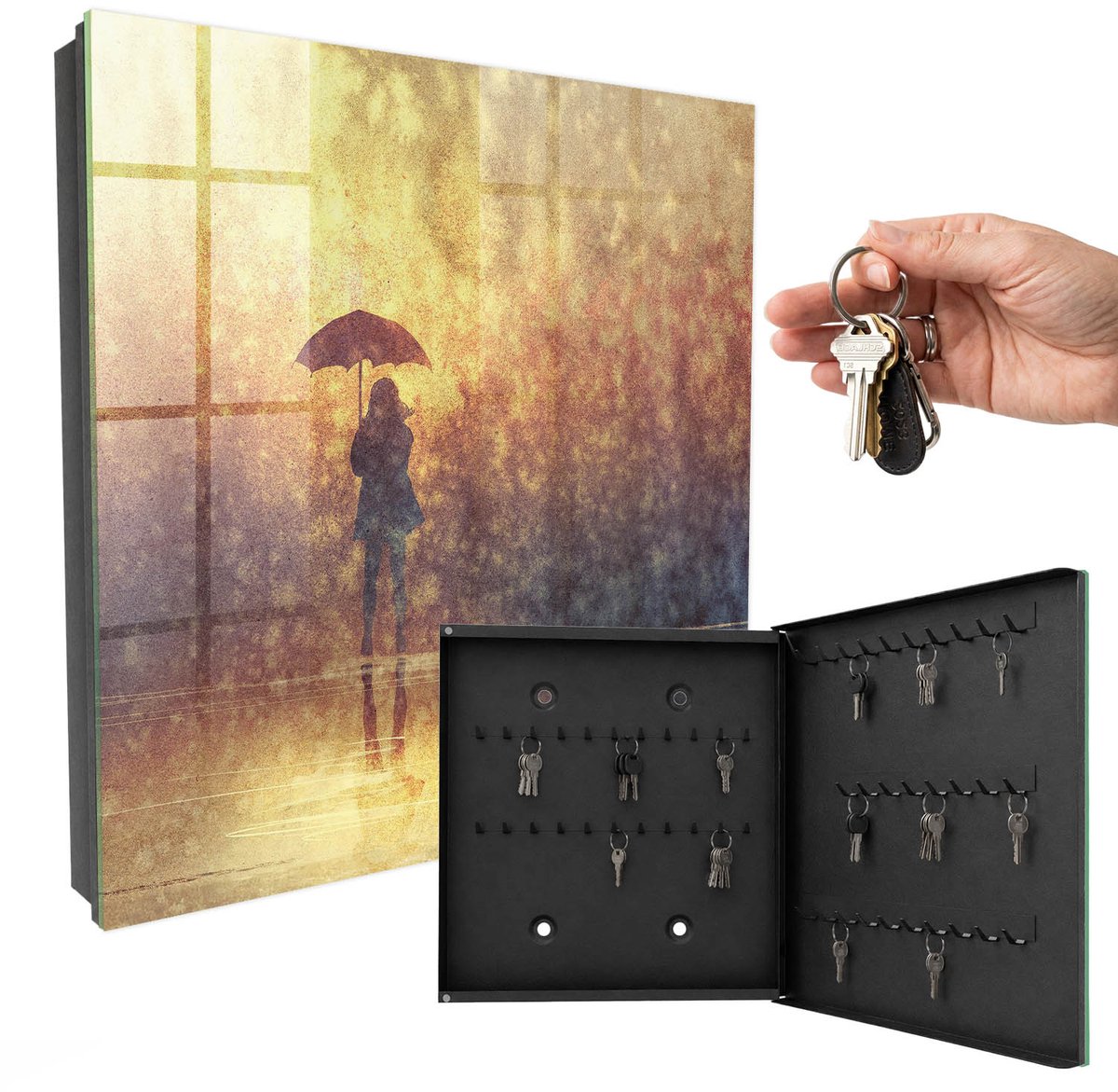 WallMuralia - Sleutelkast - 30x30x5 cm - met 50 haken - Warme Melancholie Groot Sleutelkastje - Geel Sleutelbox - Rechtsopenend - Zwart interieur