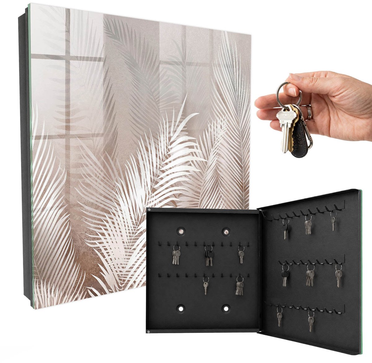 WallMuralia - Sleutelkast - 30x30x5 cm - met 50 haken - Bladeren Van Elegantie Leuk Sleutelkastje - Beige Sleutelbox - Rechtsopenend - Zwart interieur