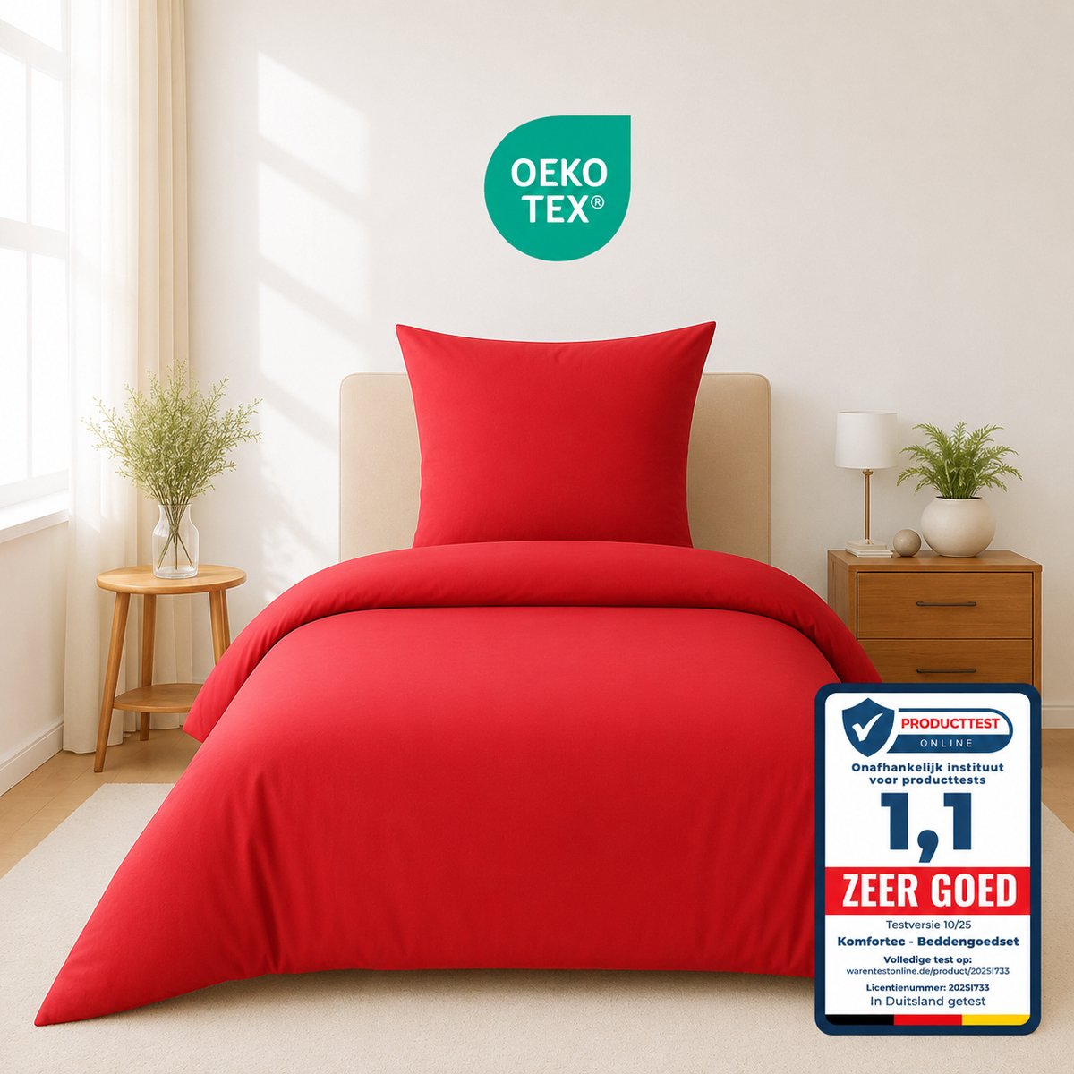 Komfortec Premium Dekbedovertrek 135x200 cm + Kussensloop 80x80 cm - 100% Microvezel - 90 g/m² - 2-Delige Superzachte Beddengoedset - met Rits - Rood