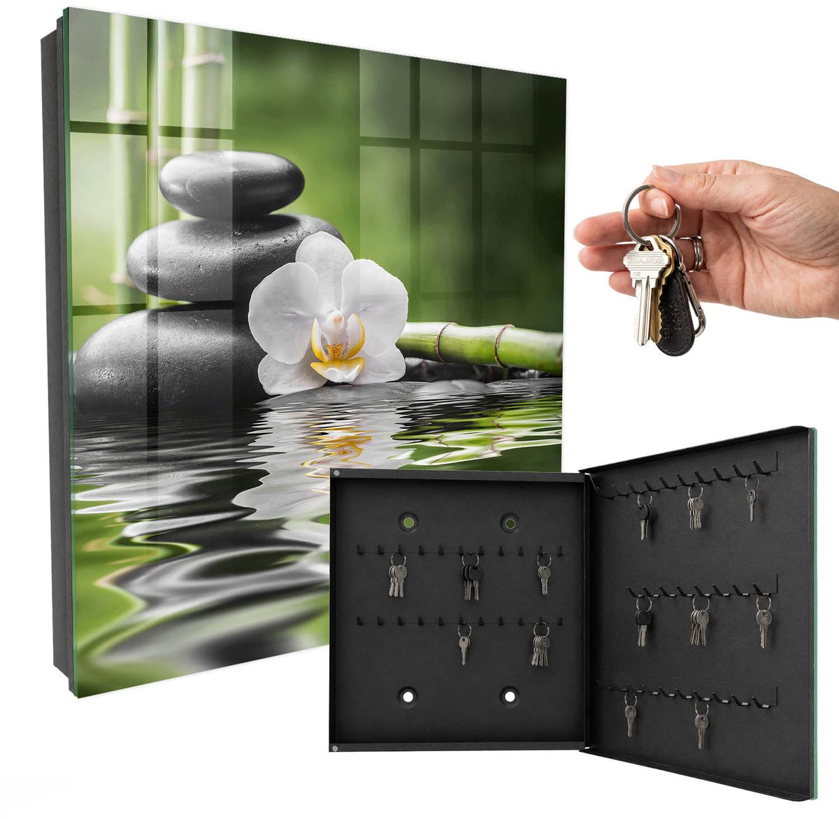 WallMuralia - Sleutelkast - 30x30x5 cm - met 50 haken - Zen-Orchidee Sleutelkastje Huis - Groente Sleutelbox - Rechtsopenend - Zwart interieur