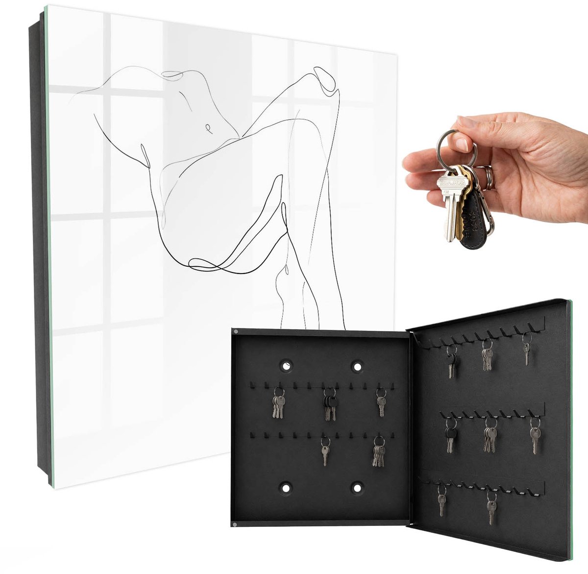 WallMuralia - Sleutelkast - 30x30x5 cm - met 50 haken - Lijntekening Van Een Vrouw Leuk Sleutelkastje - Zwart-Wit Sleutelbox - Rechtsopenend - Zwart interieur