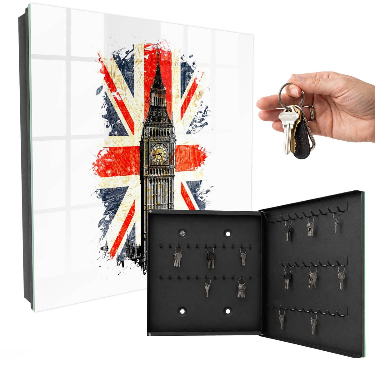 WallMuralia - Sleutelkast - 30x30x5 cm - met 50 haken - Brits Symbool Sleutelkastje Gang - Rood Sleutelbox - Rechtsopenend - Zwart interieur