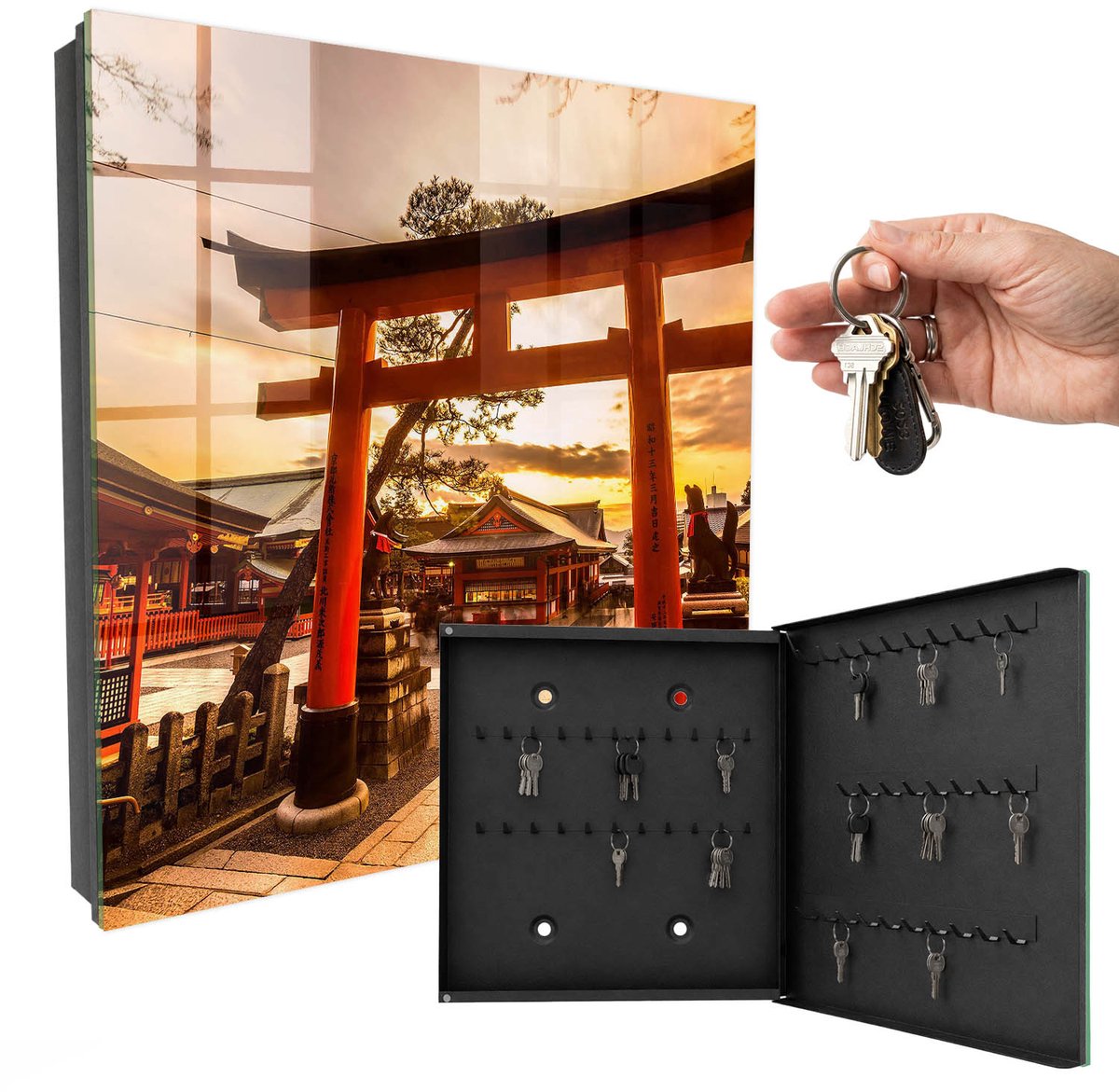WallMuralia - Sleutelkast - 30x30x5 cm - met 50 haken - Japanse Poort Sleutelkastje - Oranje Sleutelbox - Rechtsopenend - Zwart interieur