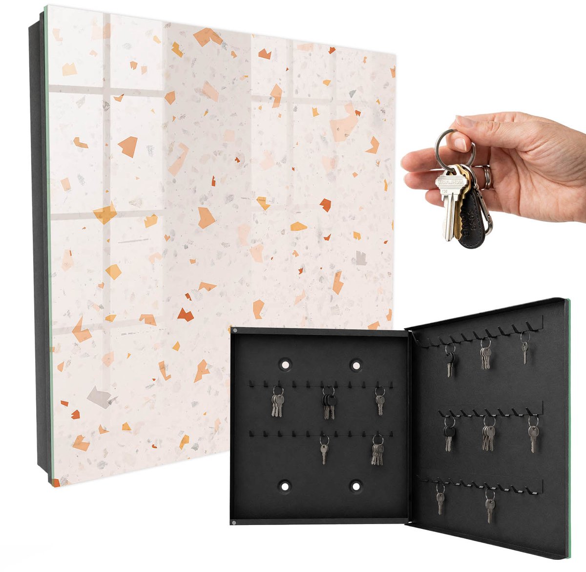 WallMuralia - Sleutelkast - 30x30x5 cm - met 50 haken - Elegant Mozaïek Sleutelkastje Hal - Beige Sleutelbox - Rechtsopenend - Zwart interieur